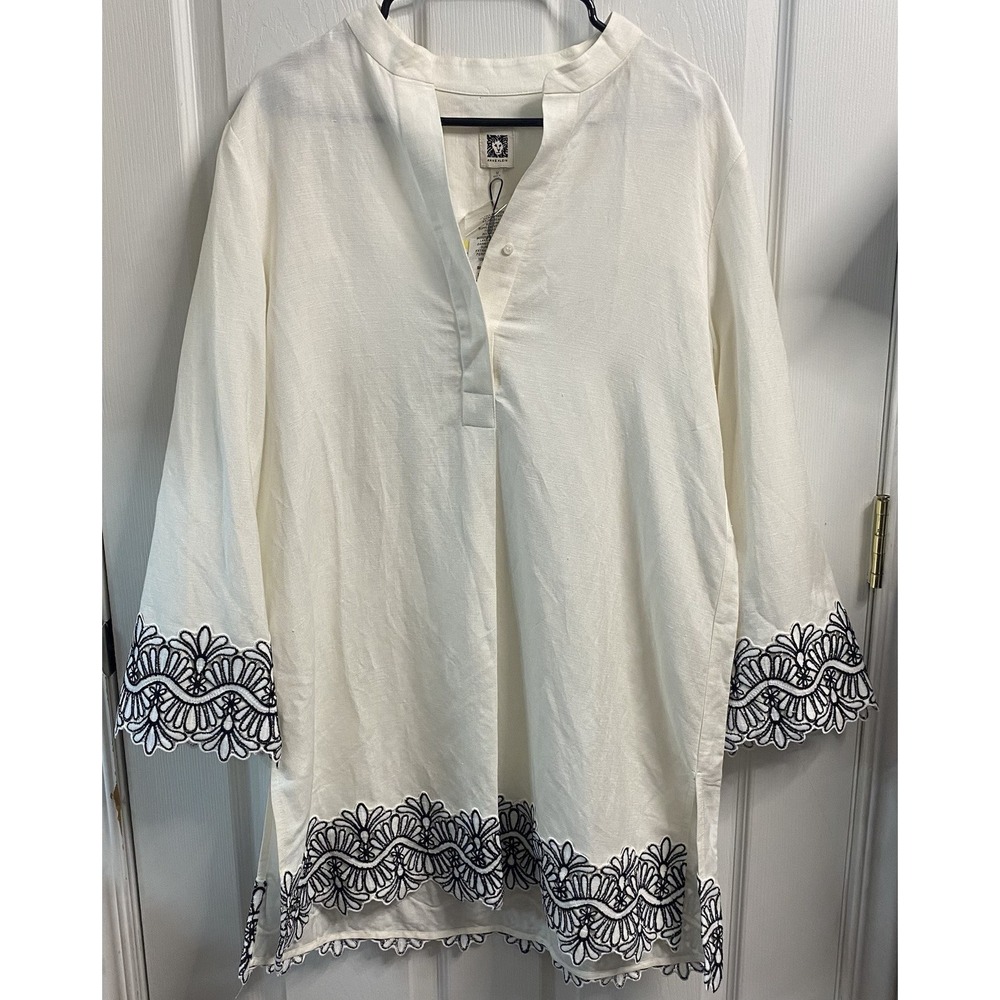 Ann Klein 55% Linen Ivory W/Black Scalloped Trim Straight Dress Or Tunic Top M